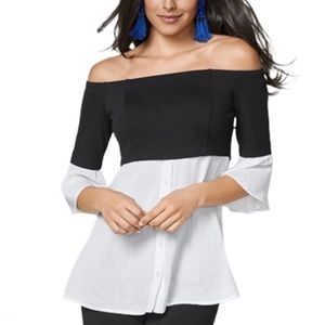 Off the shoulder flare sleeve black and white blouse - Venus Size M